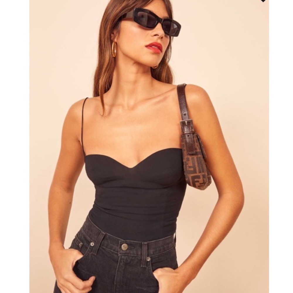 Reformation Liza Top Black Sweetheart Tie Strap Smocked Back Camisole 10